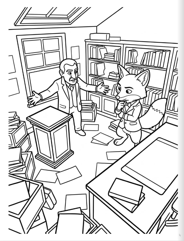 Free Basil the Fox interactive coloring book cover with detective Basil in red bow tie and friend Pip in Egyptian desert